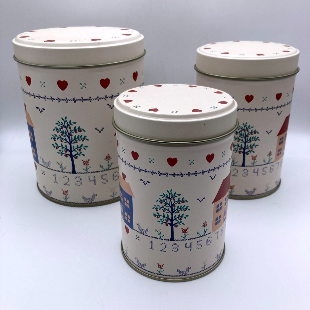 Canisters Homes Hearts & Numbers NEW Open Box Set of 3 Nesting Cottagecore - Picture 4 of 6